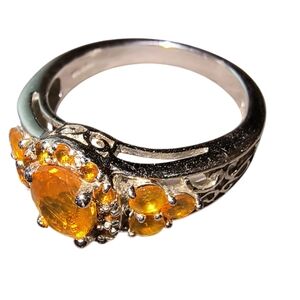 Vintage Orange Gemstone & Sterling Silver Halo Ring Size 6